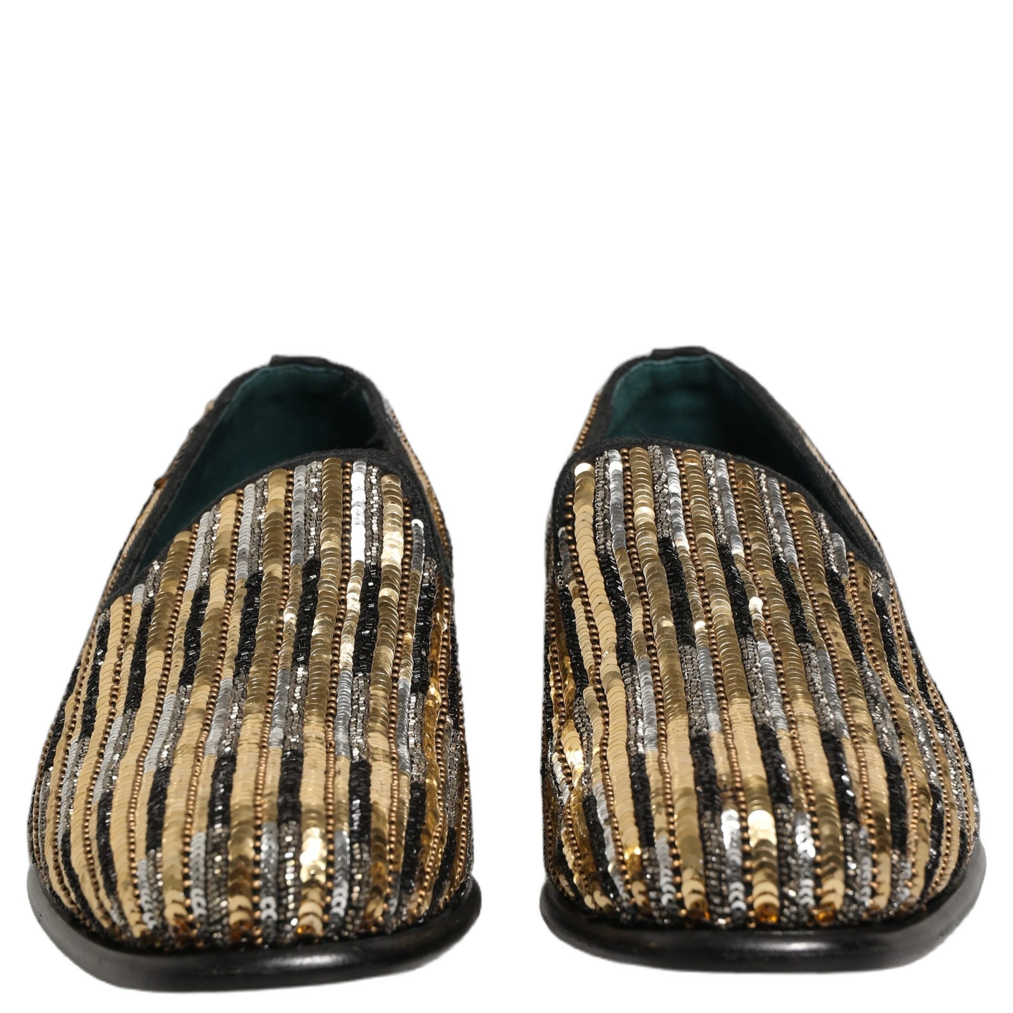 Gold Striped Sequin Embellished Loafer Shoes