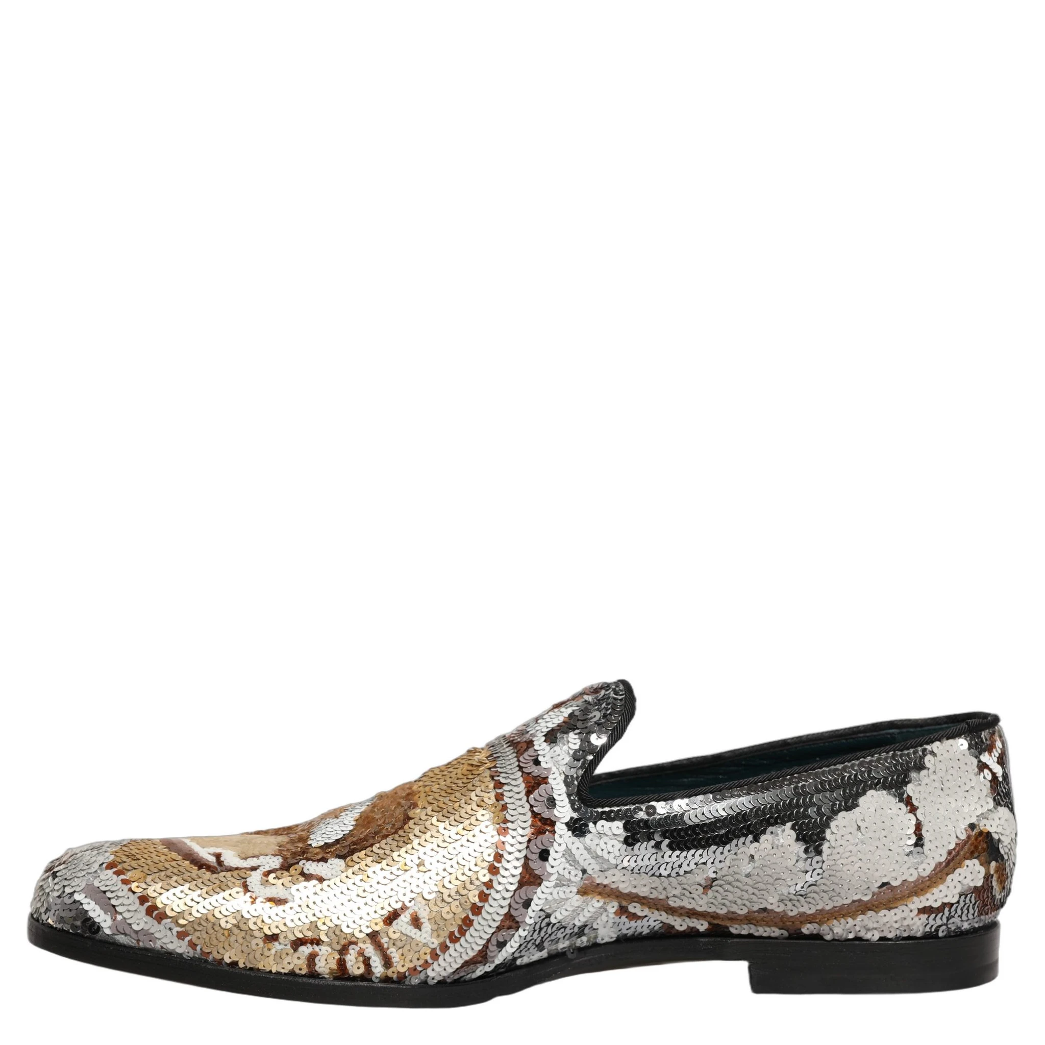 White Gold Sequined Slip On Loafers Shoes