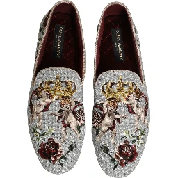 Gray Crown Rose Angel Embroidery Loafer Shoes