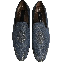 Blue Floral Brocade Slip On Loafers Shoes