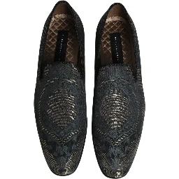 Black Floral Brocade Slip On Loafers Shoes