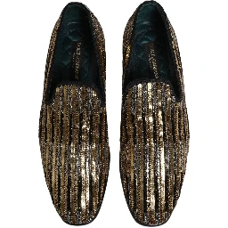 Gold Striped Sequin Embellished Loafer Shoes