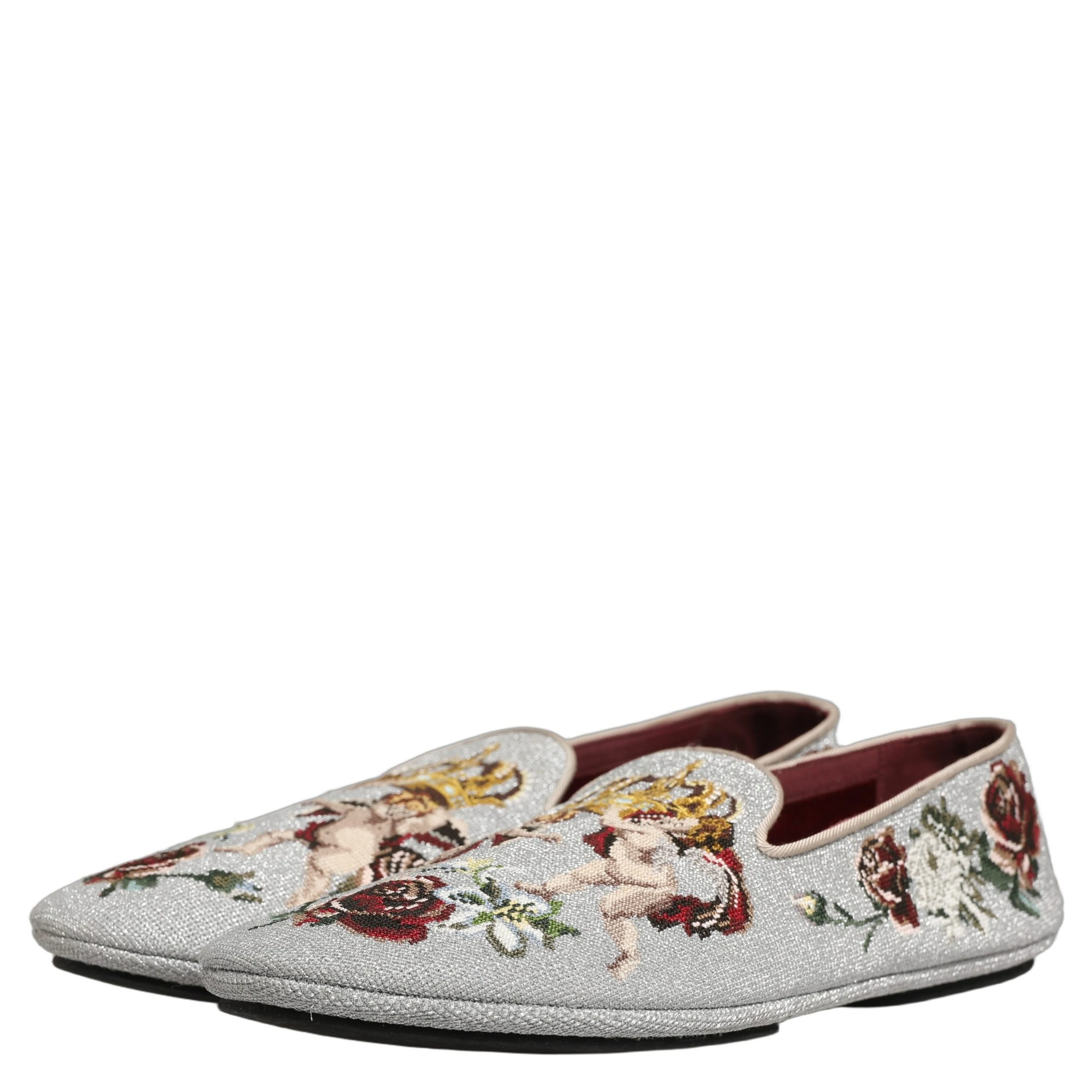 Gray Crown Rose Angel Embroidery Loafer Shoes