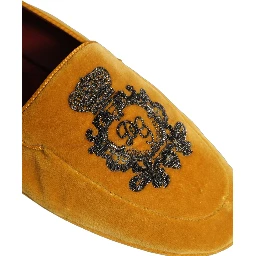 Yellow Velvet Crown Embroidery Loafers Shoes