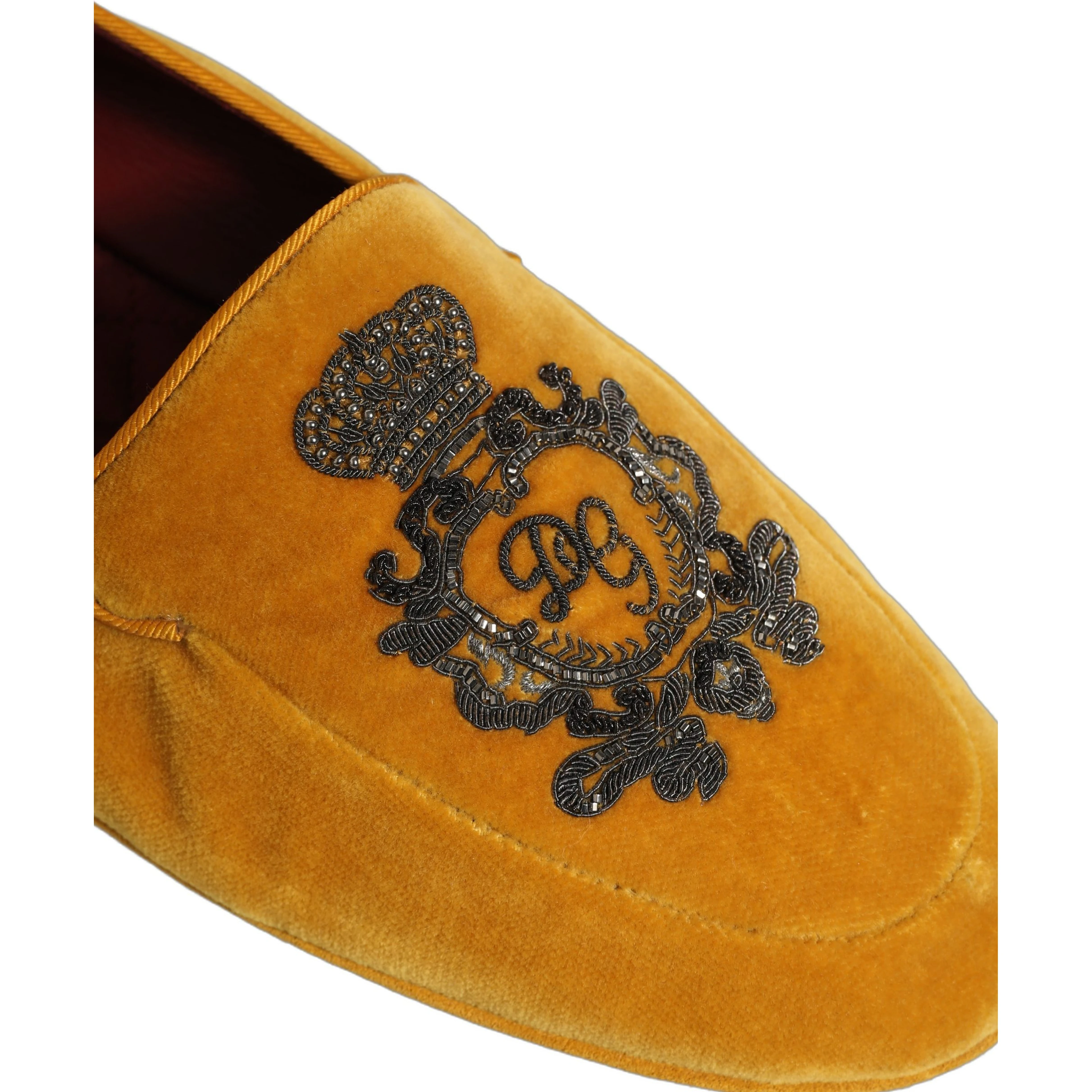 Yellow Velvet Crown Embroidery Loafers Shoes
