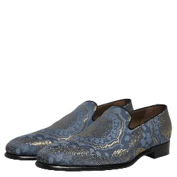 Blue Floral Brocade Slip On Loafers Shoes