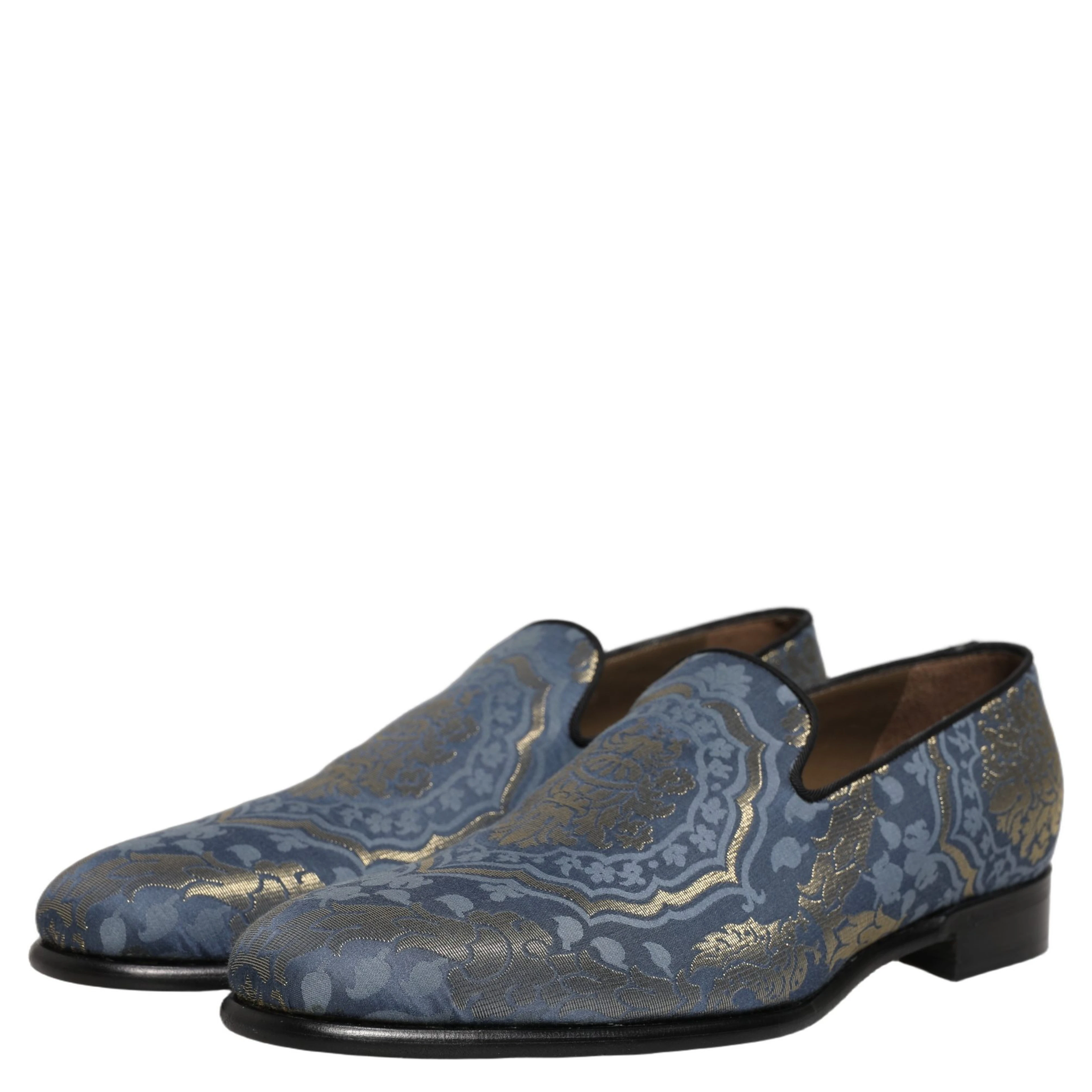 Blue Floral Brocade Slip On Loafers Shoes