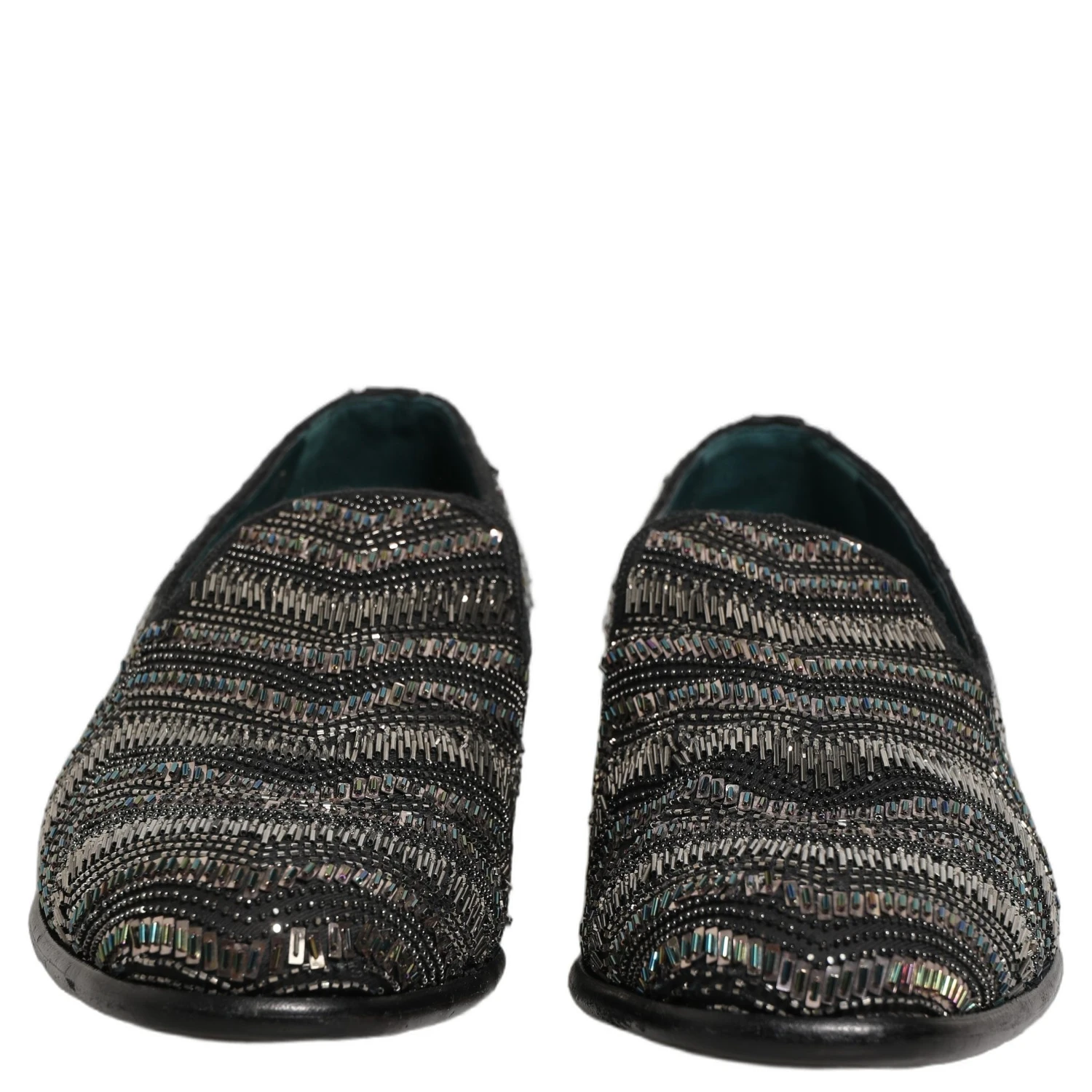 Black Silver Embellished Slip On Loafers Shoes