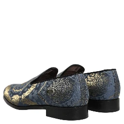 Blue Floral Brocade Slip On Loafers Shoes