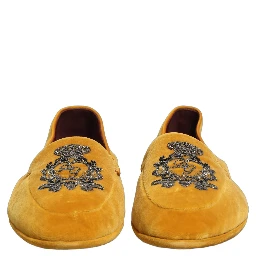 Yellow Velvet Crown Embroidery Loafers Shoes