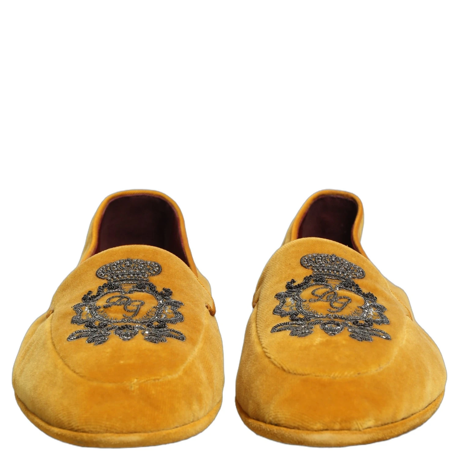 Yellow Velvet Crown Embroidery Loafers Shoes