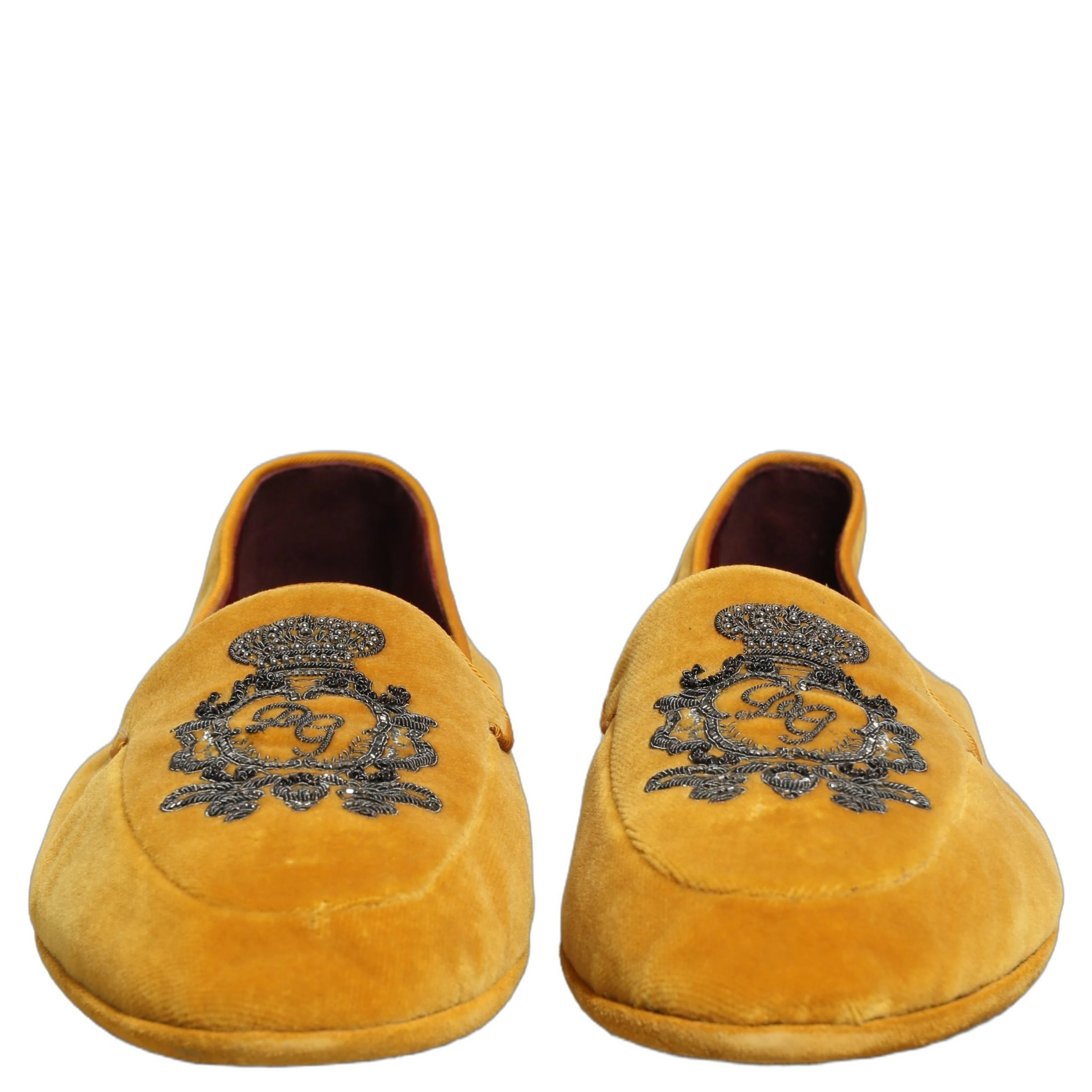 Yellow Velvet Crown Embroidery Loafers Shoes