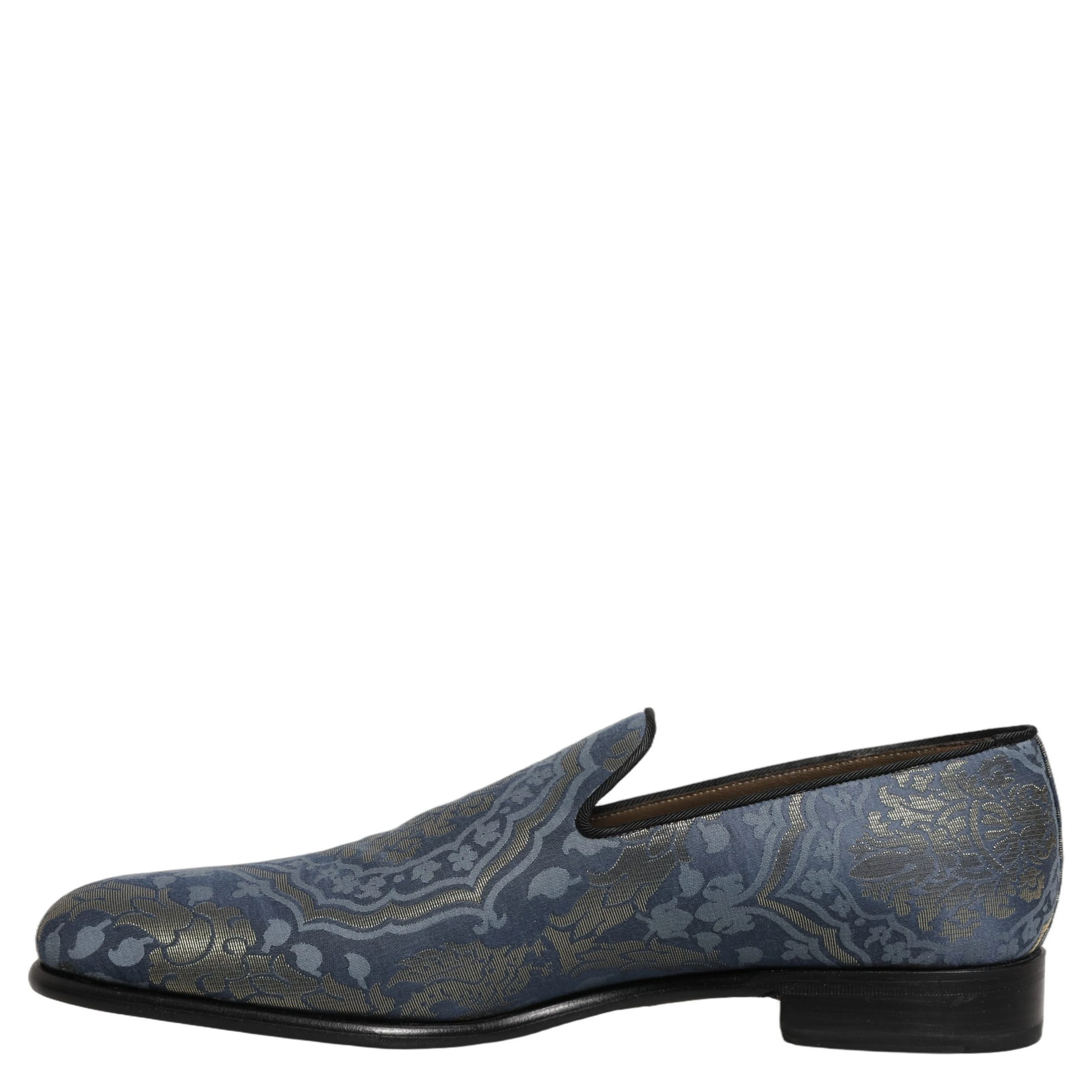 Blue Floral Brocade Slip On Loafers Shoes