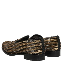 Gold Striped Sequin Embellished Loafer Shoes