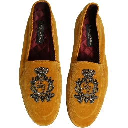 Yellow Velvet Crown Embroidery Loafers Shoes