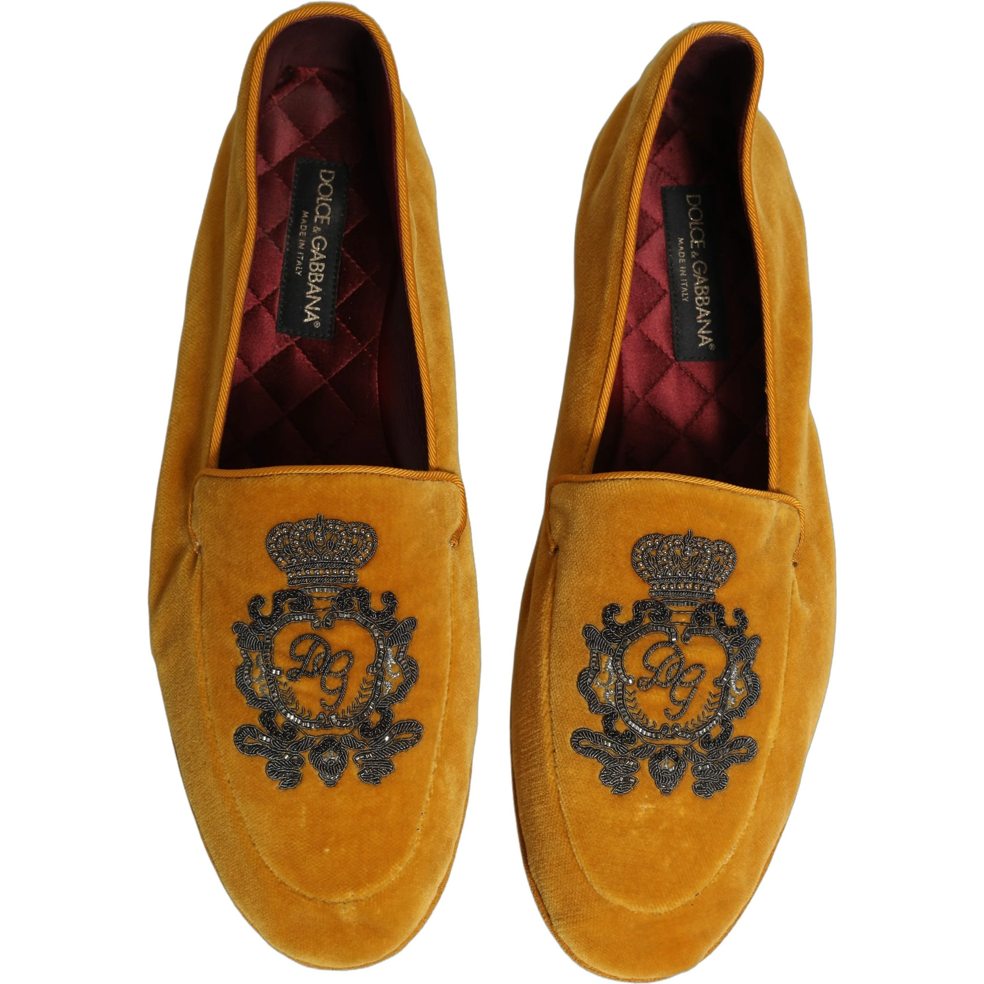 Yellow Velvet Crown Embroidery Loafers Shoes
