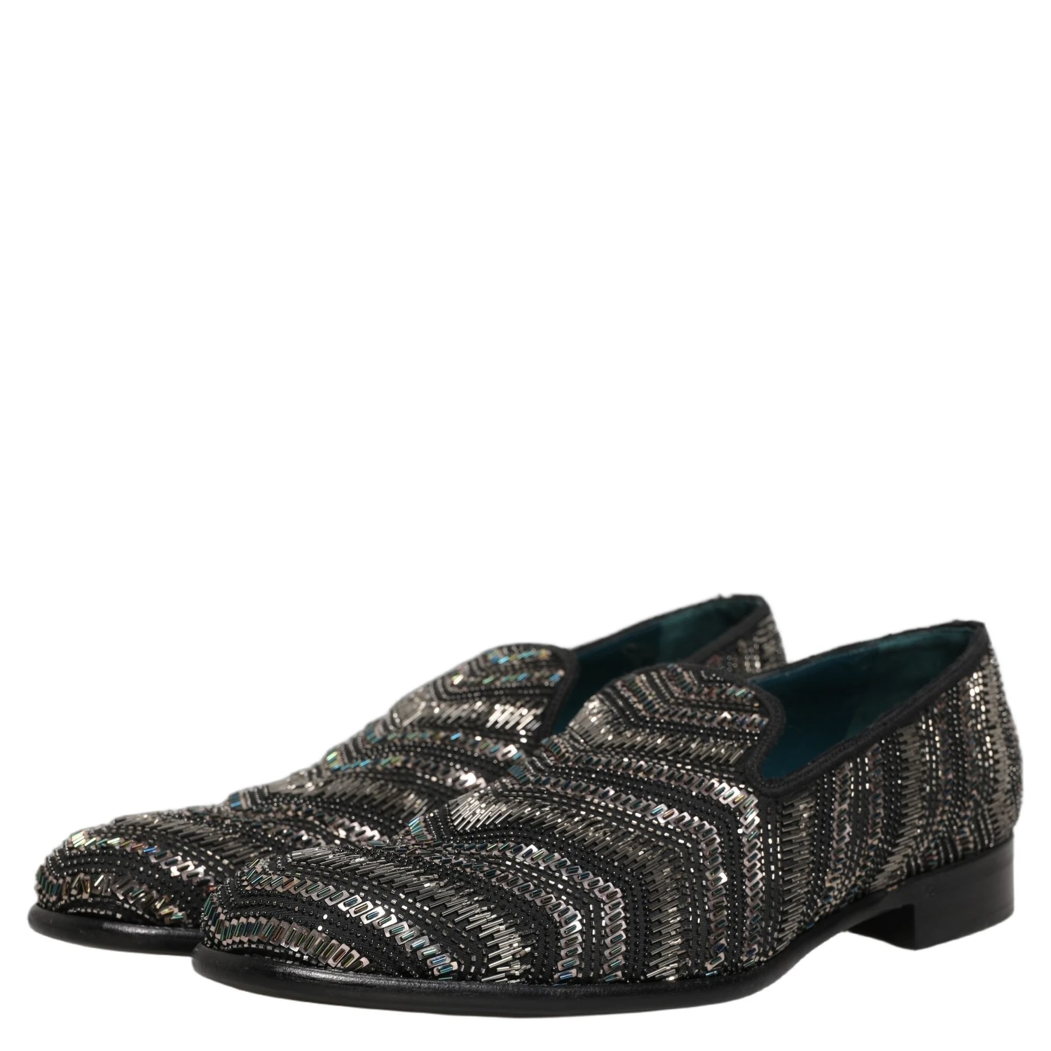 Black Silver Embellished Slip On Loafers Shoes