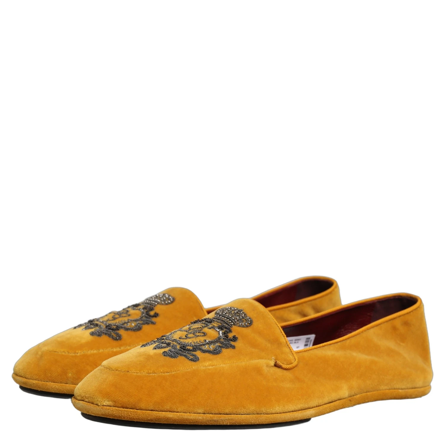 Yellow Velvet Crown Embroidery Loafers Shoes