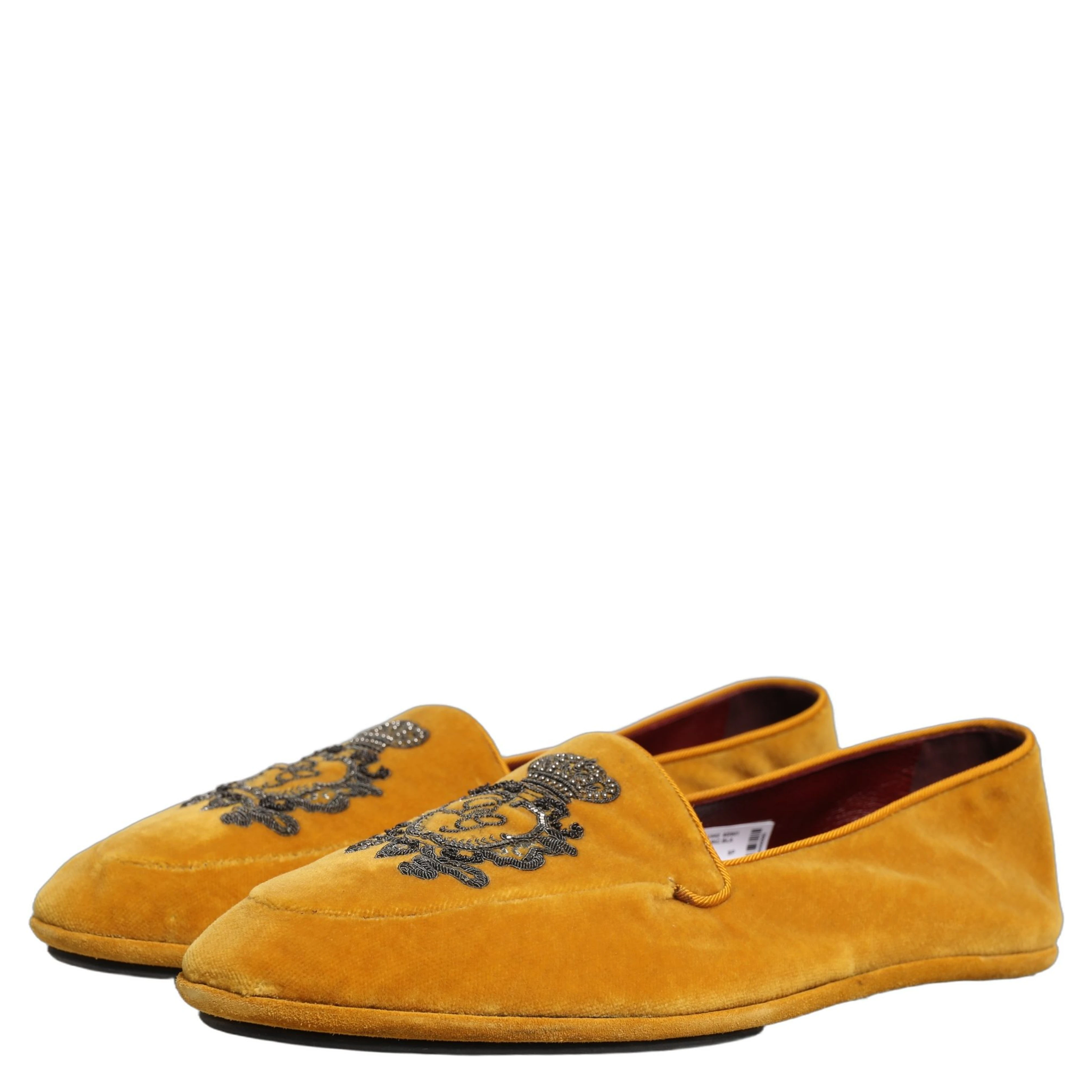 Yellow Velvet Crown Embroidery Loafers Shoes