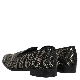 Black Silver Embellished Slip On Loafers Shoes