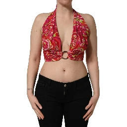 Red Paisley Silk Halter Neck Crop Tank Top