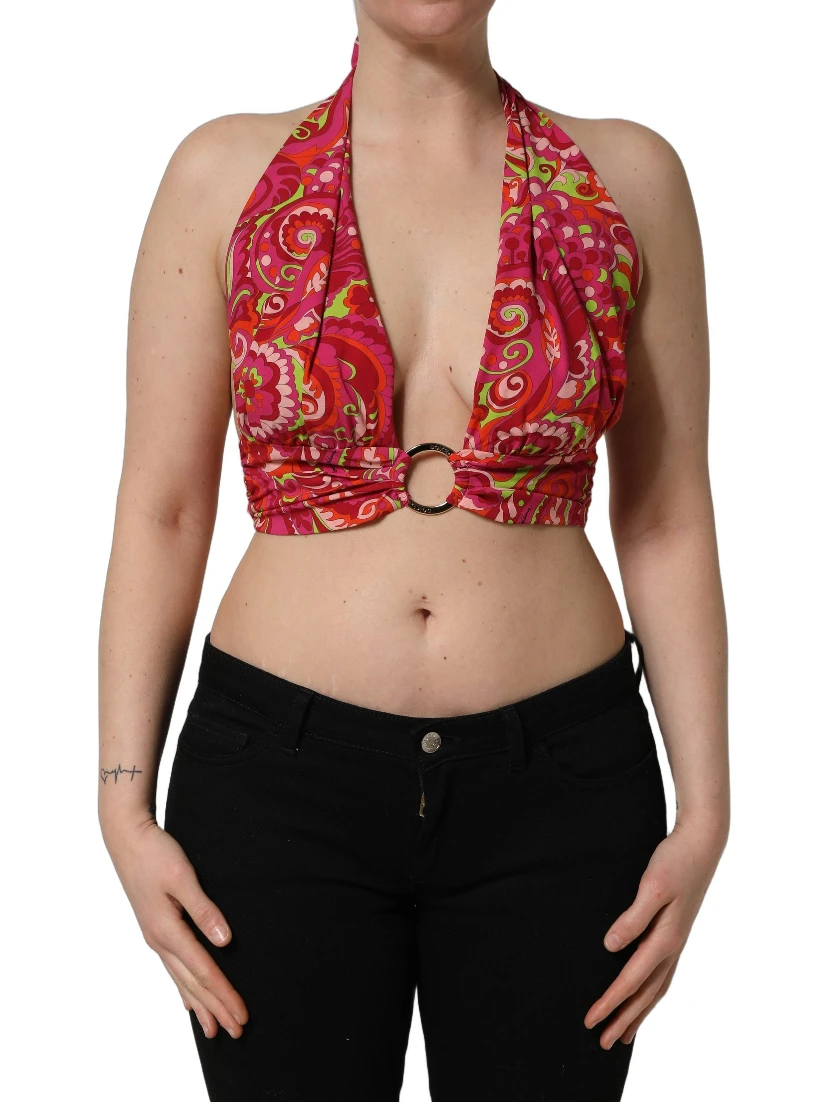 Red Paisley Silk Halter Neck Crop Tank Top