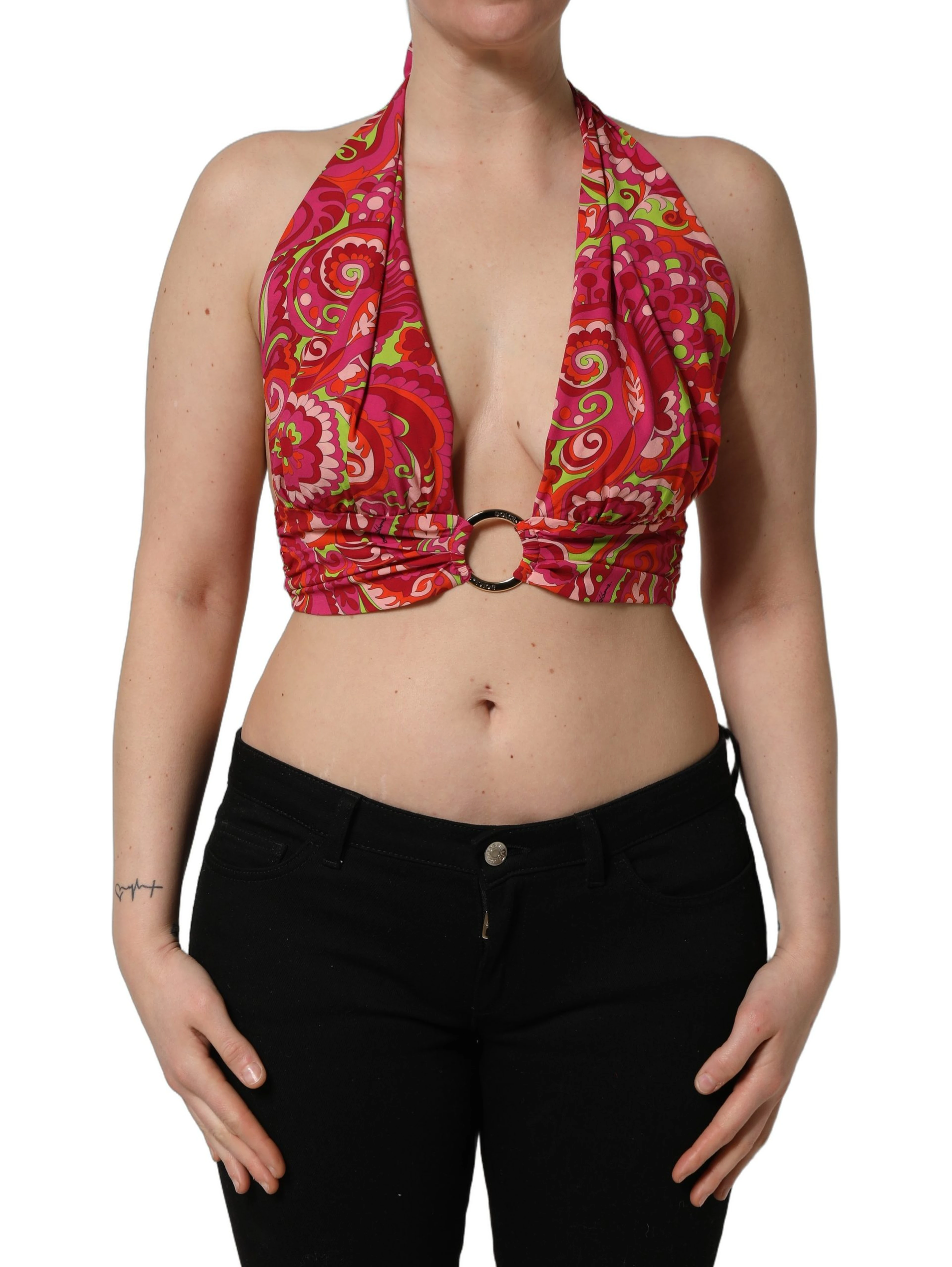 Red Paisley Silk Halter Neck Crop Tank Top