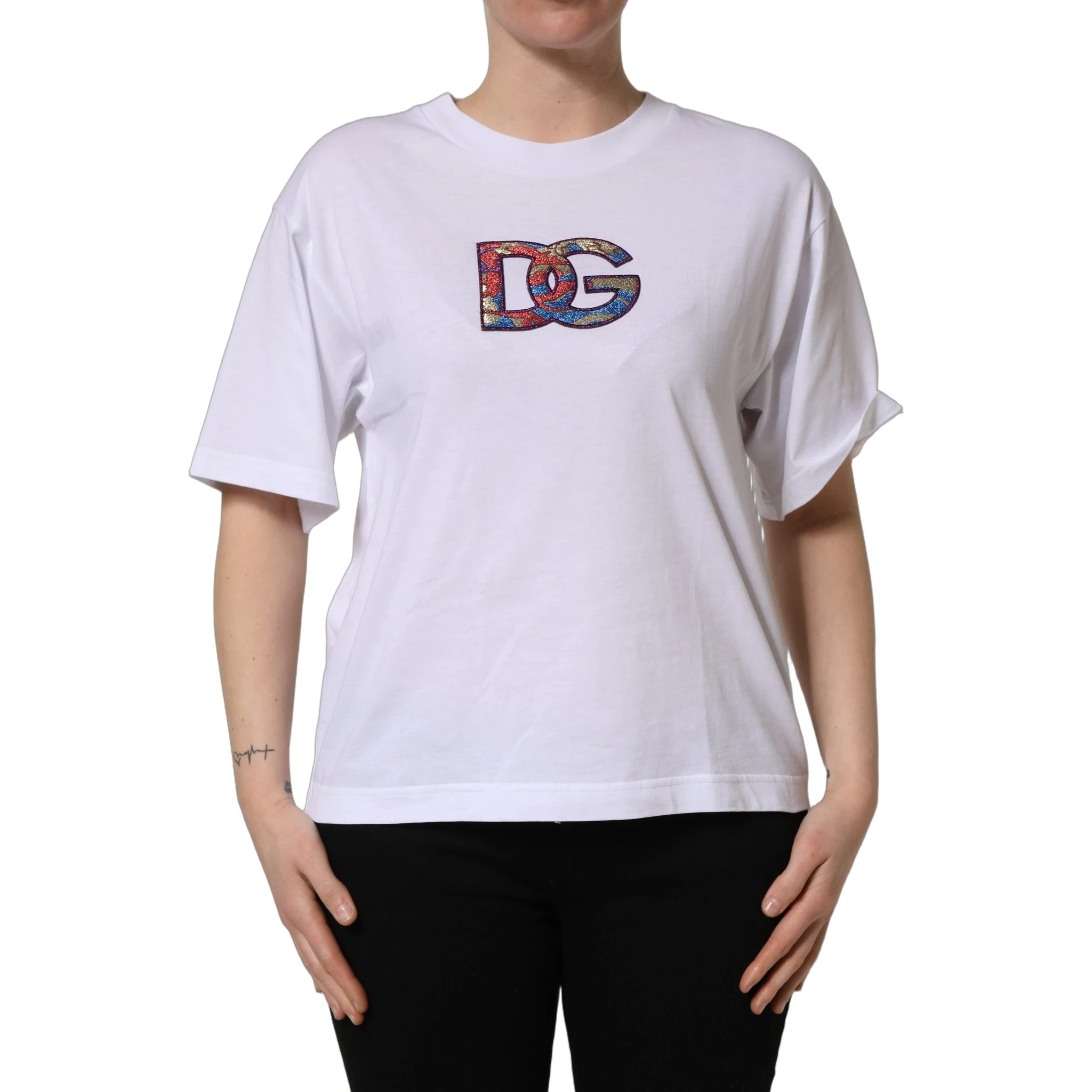White Cotton DG Logo Patch Crew Neck T-shirt