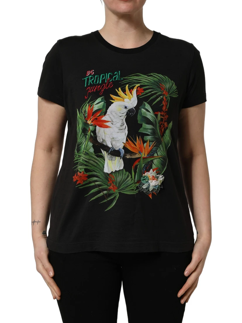 Black Tropical Jungle Round Neck T-shirt