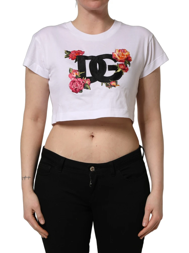 White DG Floral Cotton Jersey Crop T-shirt alternative