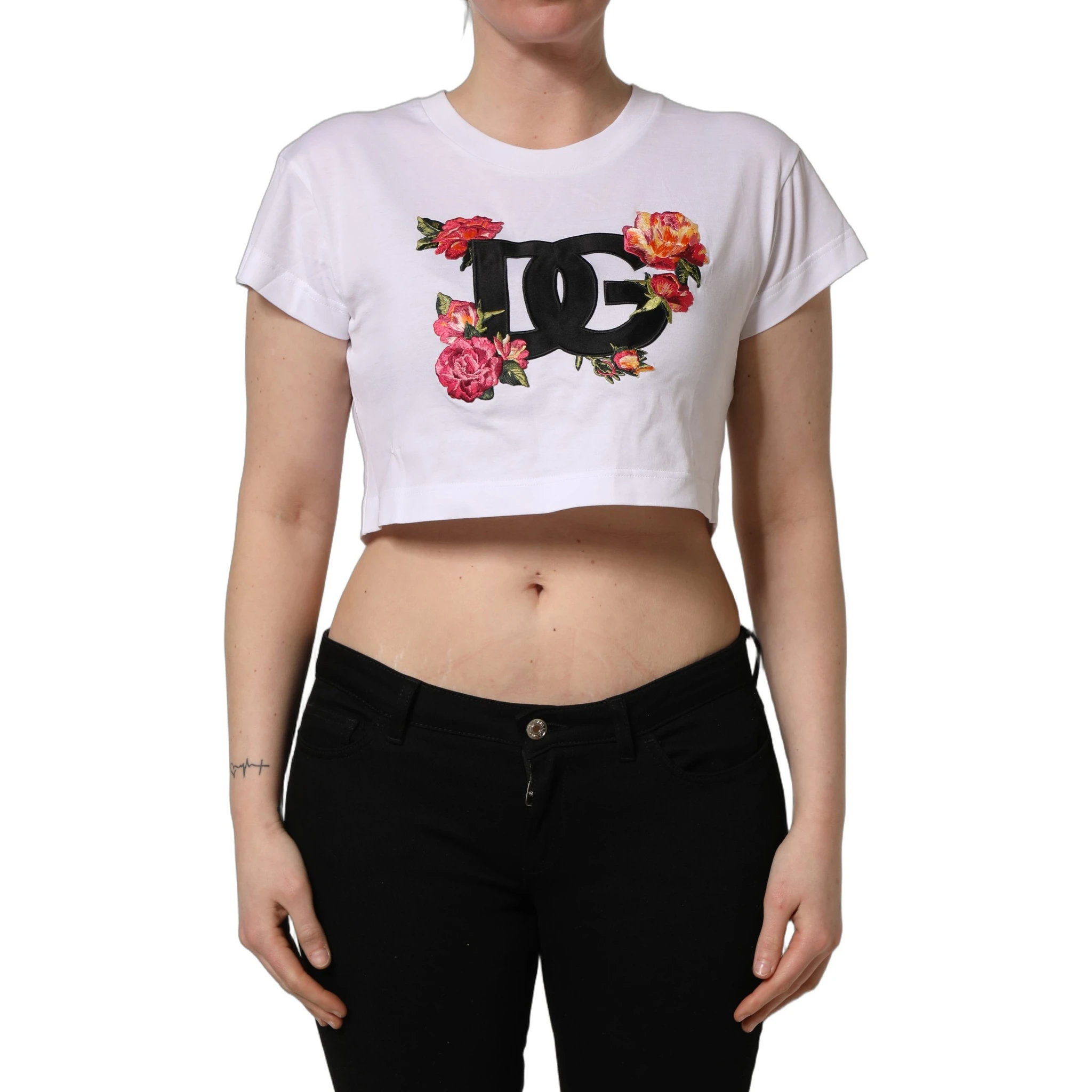 White DG Floral Cotton Jersey Crop T-shirt