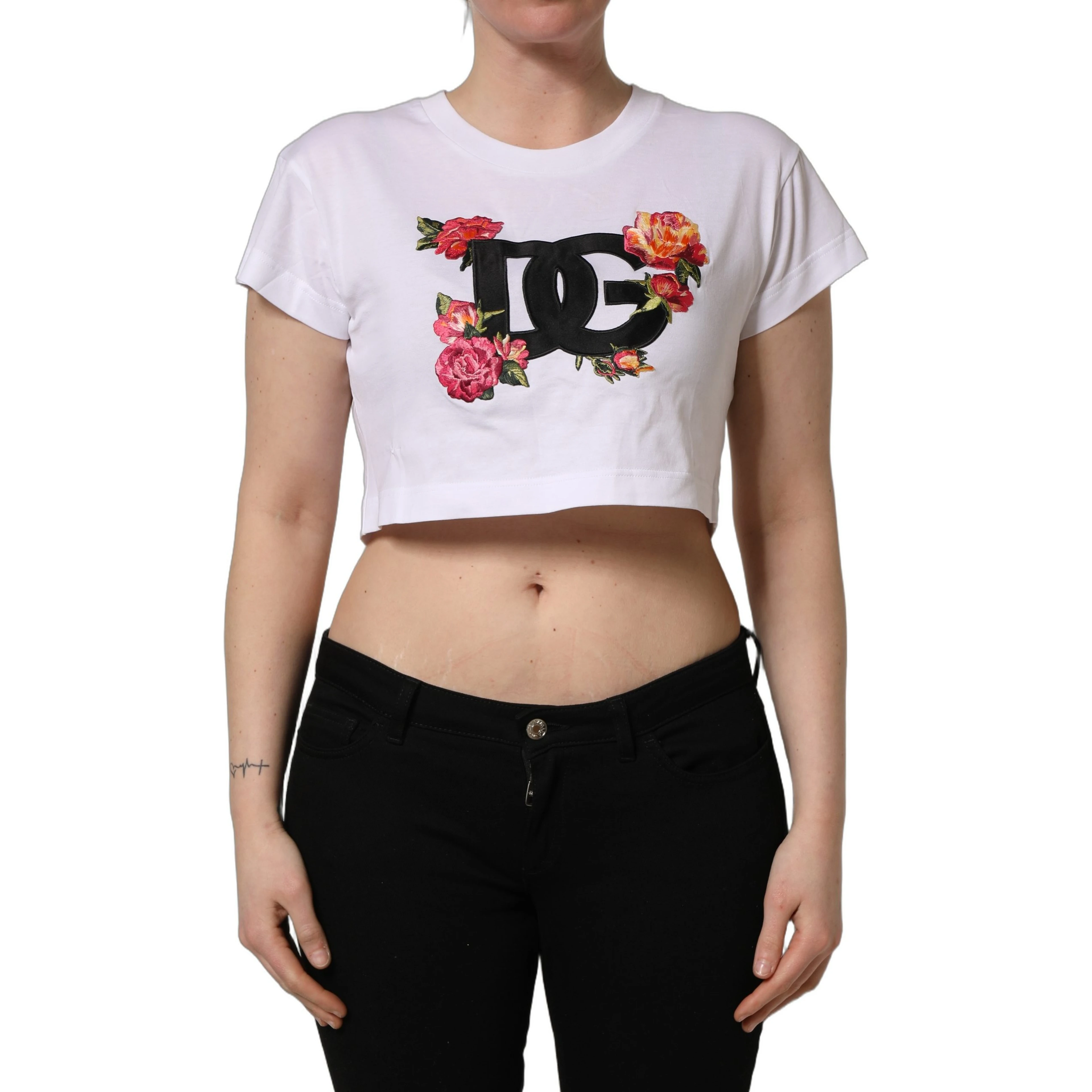 White DG Floral Cotton Jersey Crop T-shirt