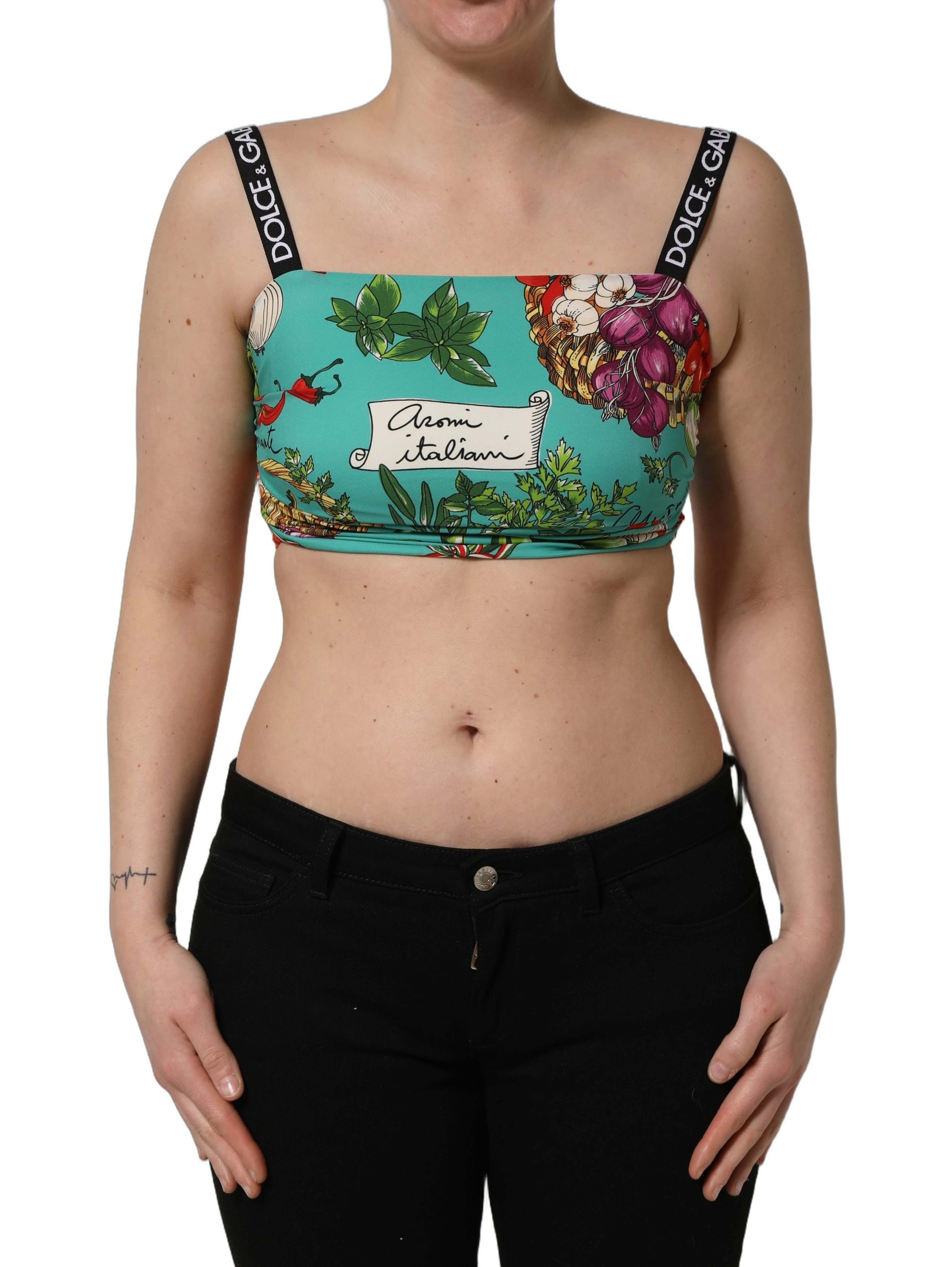 Turquoise Vegetable Print Silk Crop Tank Top