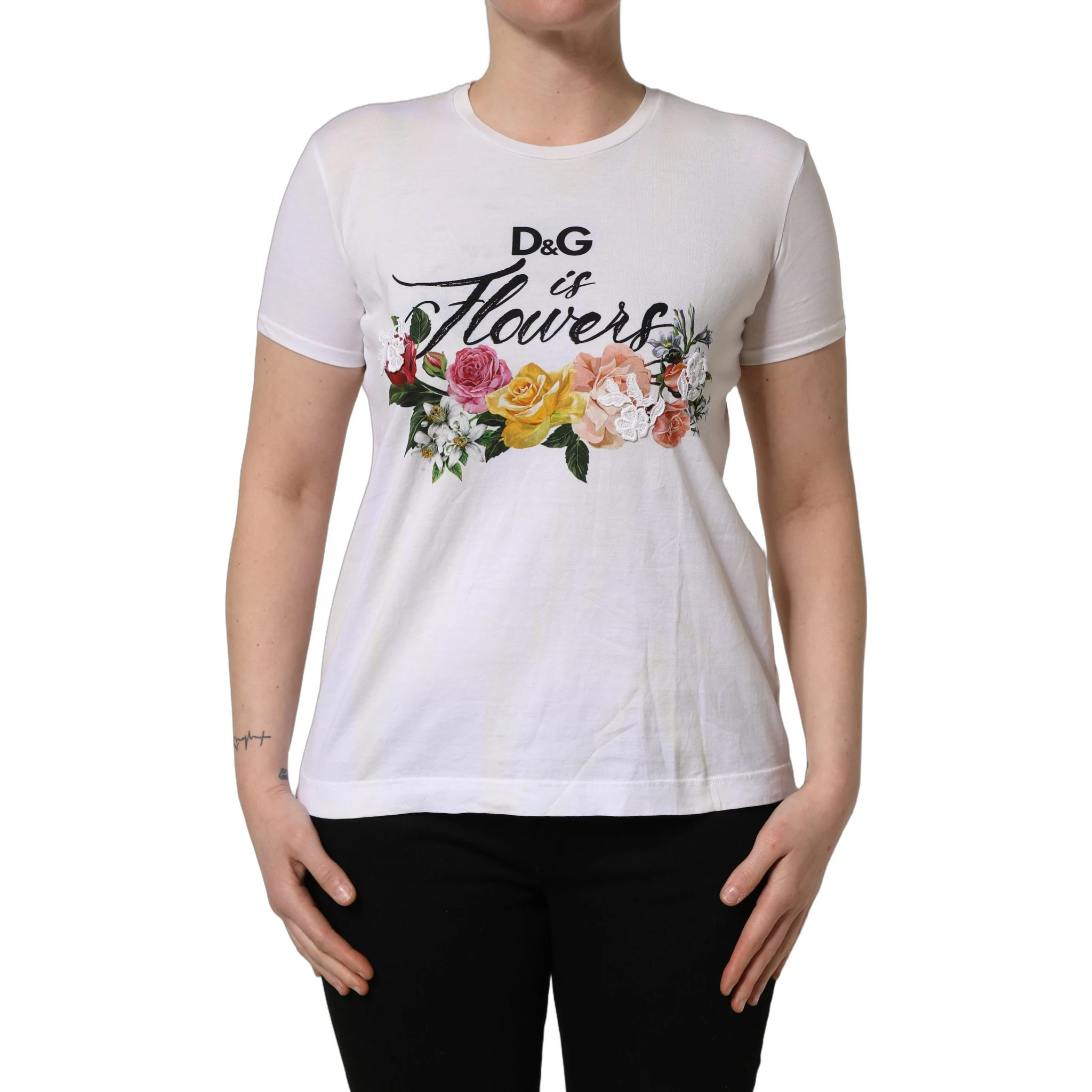 White D&G is Flowers Print Round Neck T-shirt