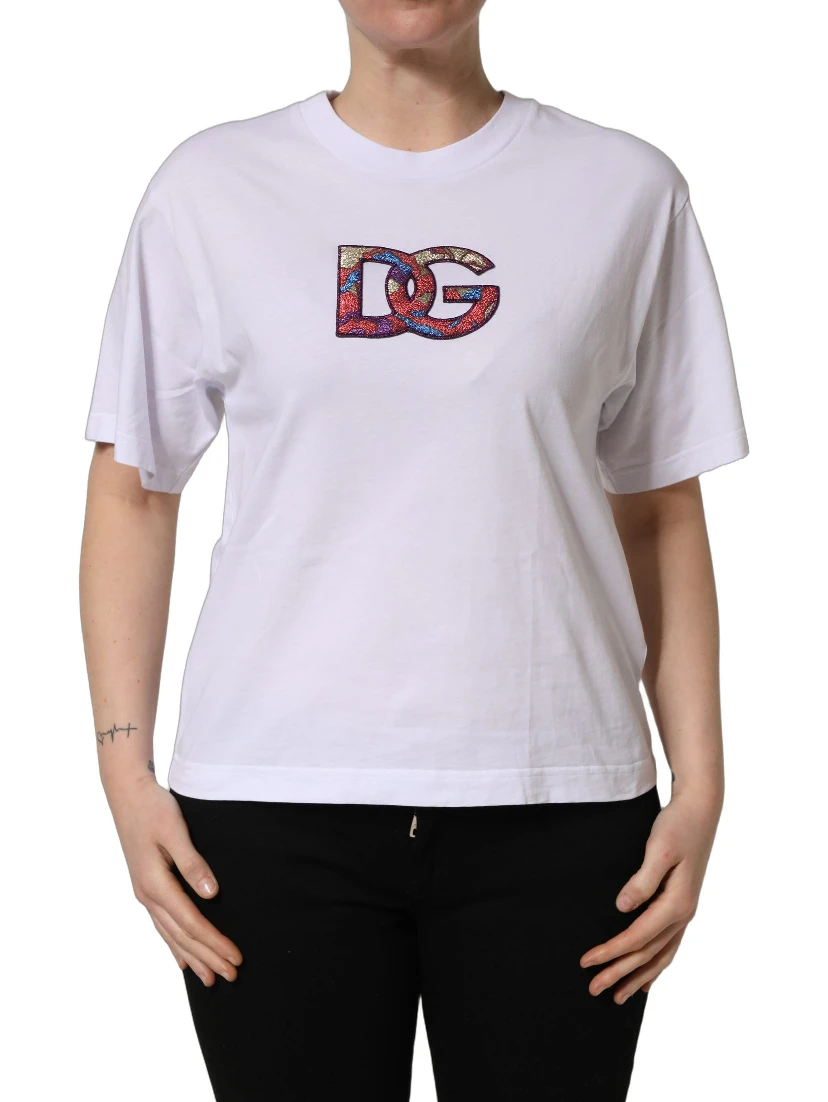 White Cotton DG Logo Patch Crew Neck T-shirt