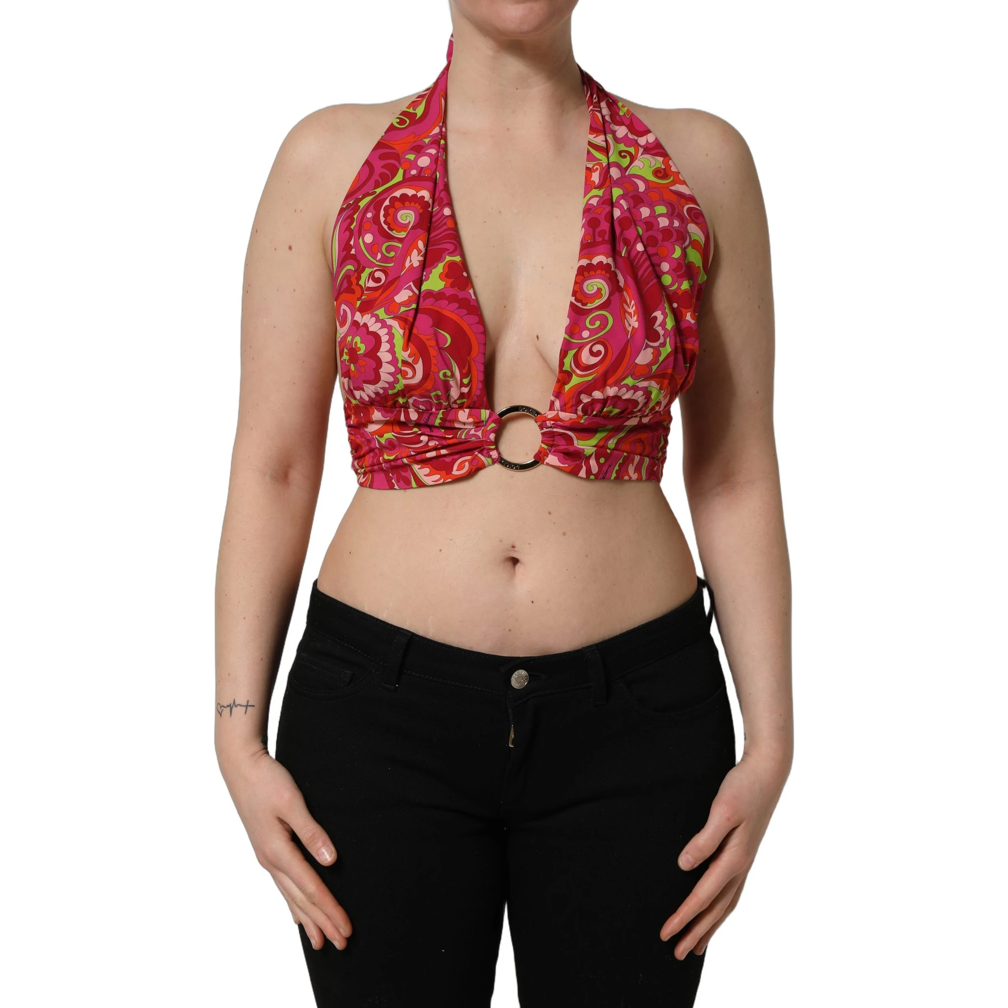 Red Paisley Silk Halter Neck Crop Tank Top