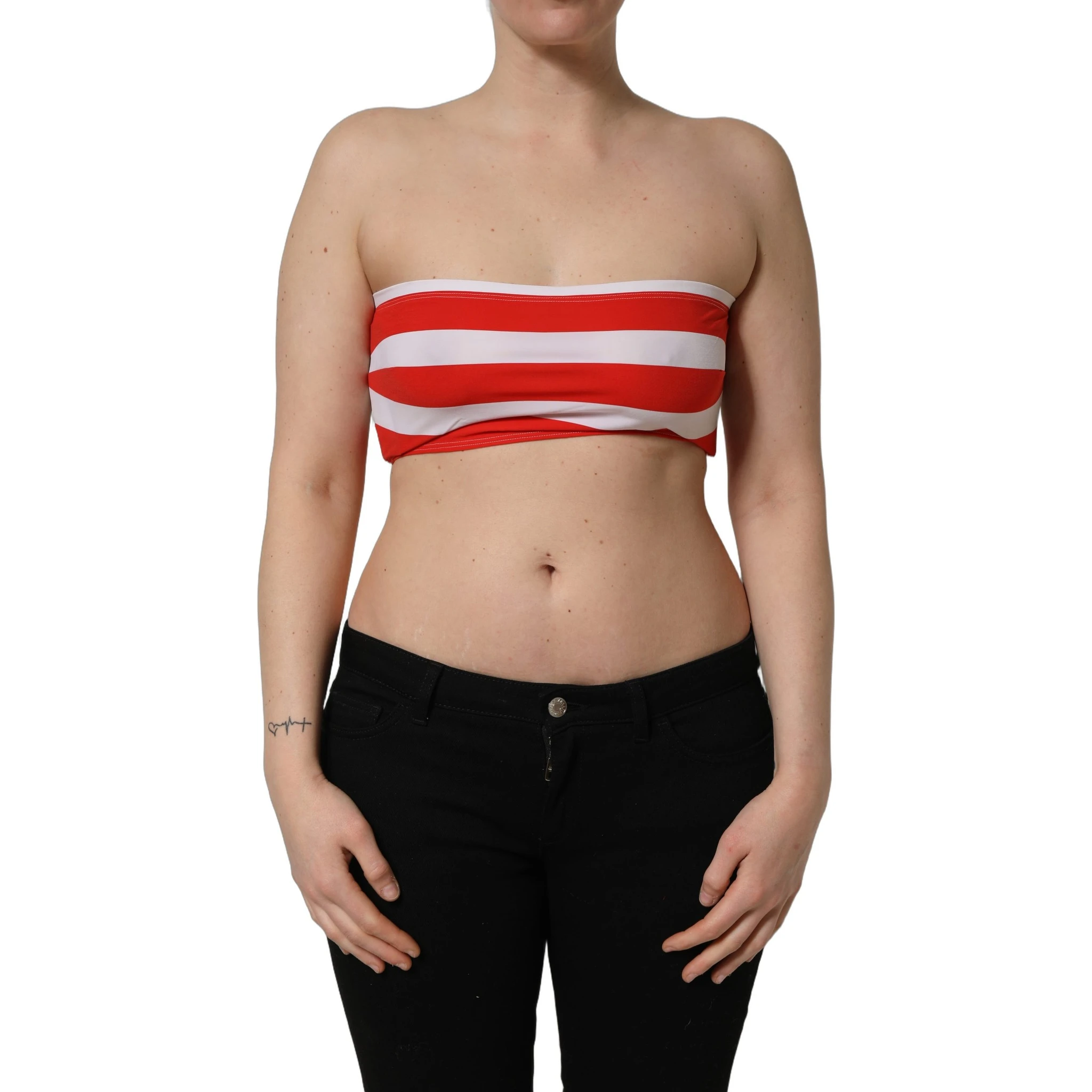 White Red Nylon Striped Ribbed Tube Crop Top