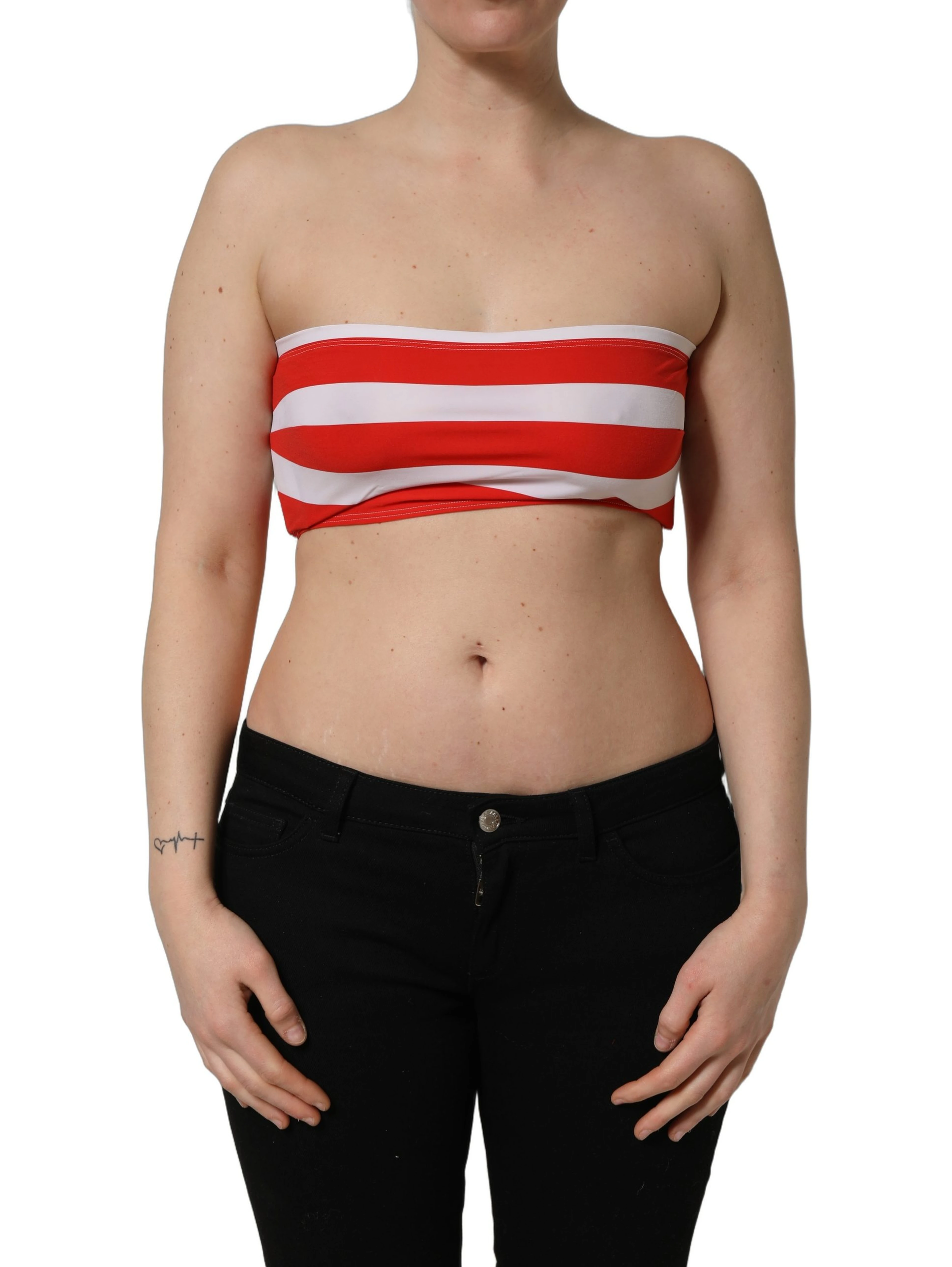 White Red Nylon Striped Ribbed Tube Crop Top