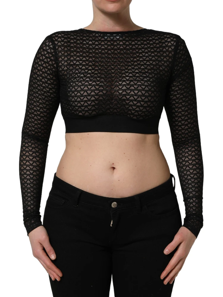 Black Nylon Fishnet Long Sleeve Cropped Top
