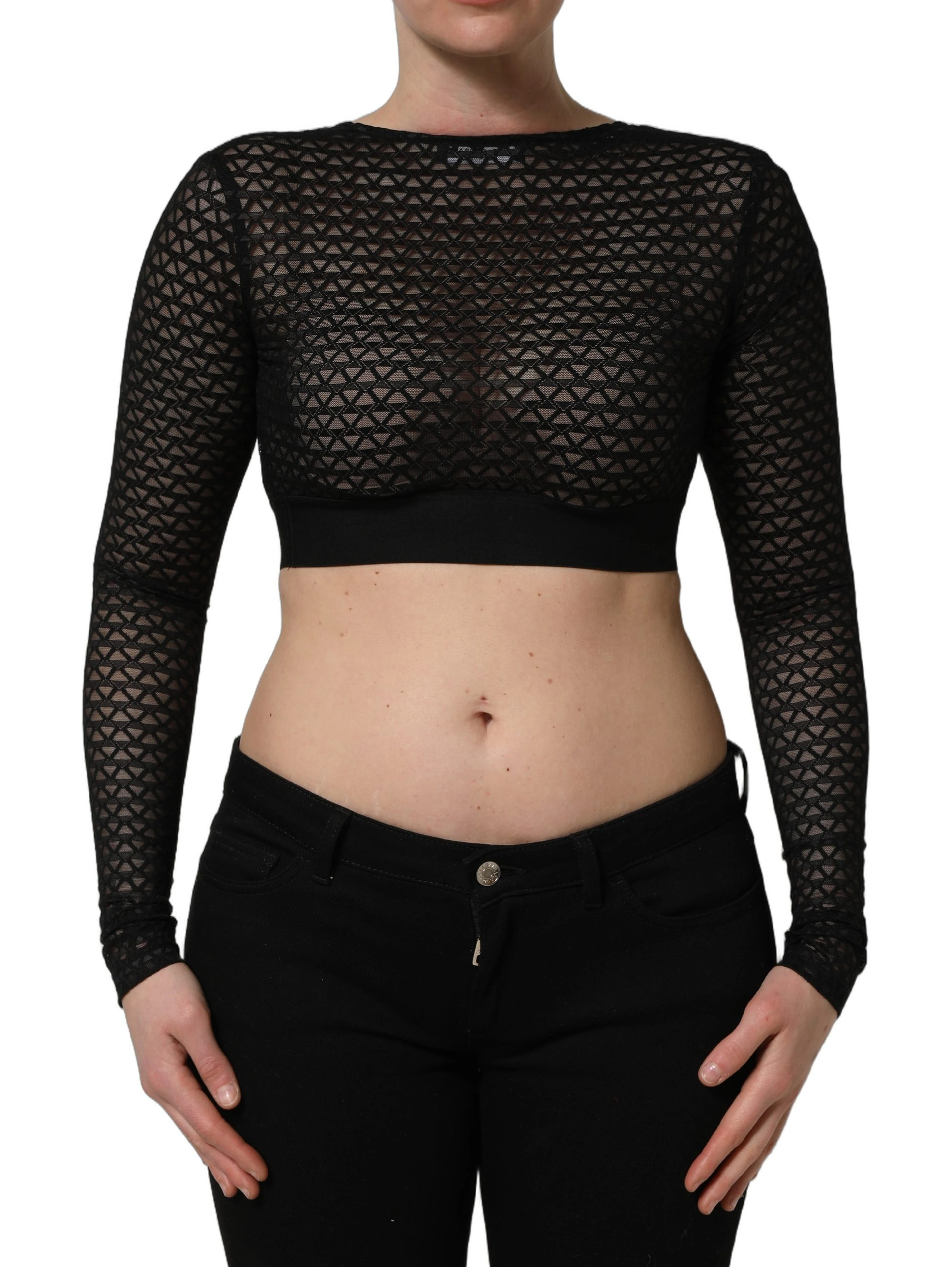 Black Nylon Fishnet Long Sleeve Cropped Top