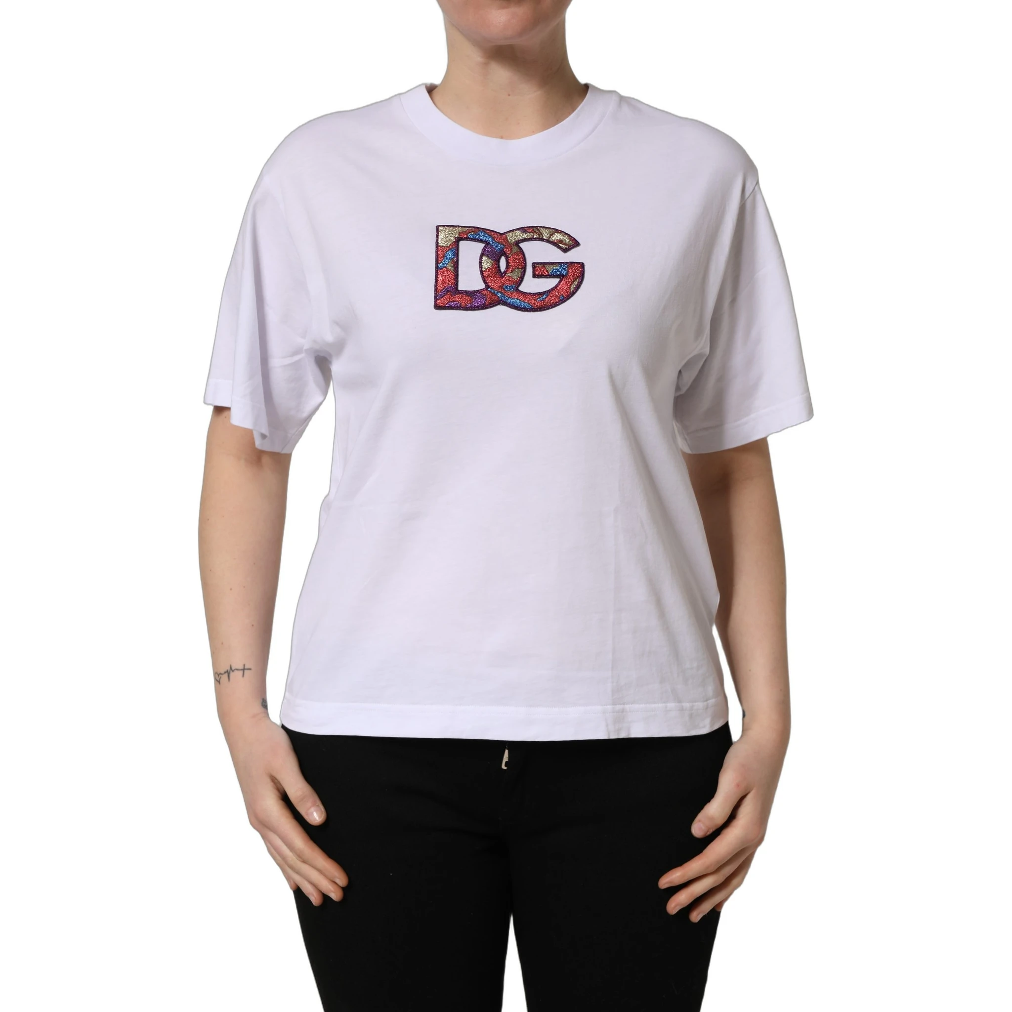 White Cotton DG Logo Patch Crew Neck T-shirt