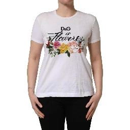 White D&G is Flowers Print Round Neck T-shirt