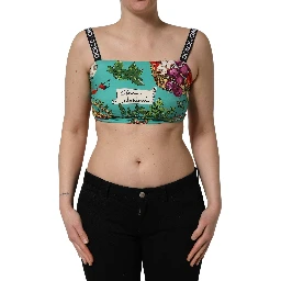 Turquoise Vegetable Print Silk Crop Tank Top