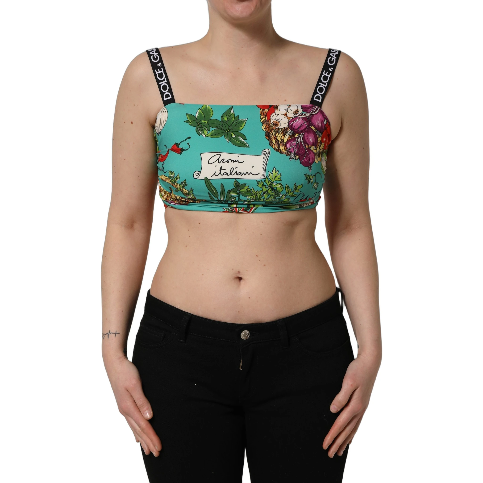 Turquoise Vegetable Print Silk Crop Tank Top