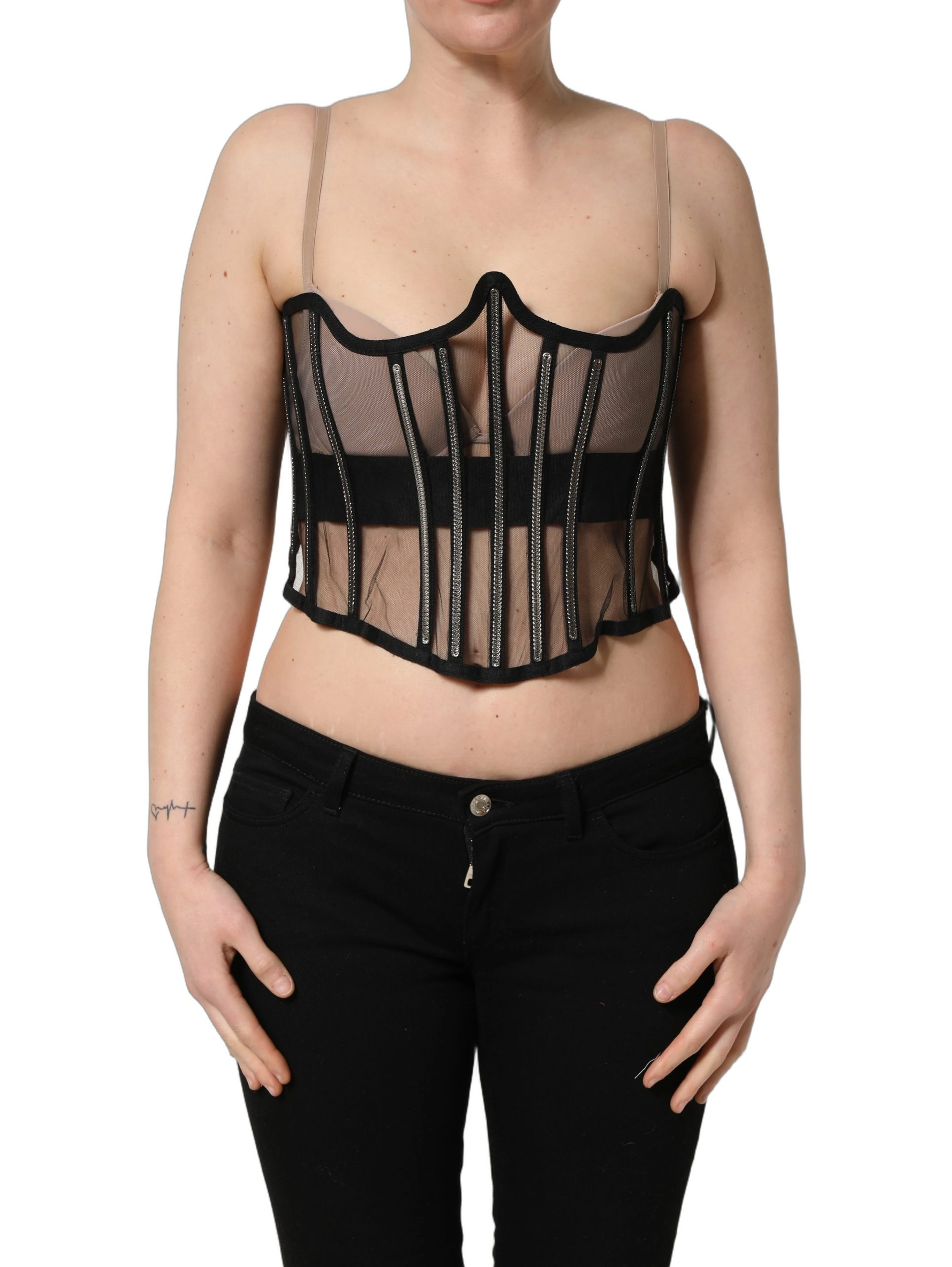 Black Sheer Tulle Bodysuit Cropped Corset Top