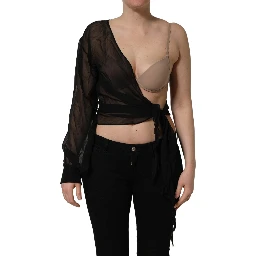Black Wrap Sheer Chiffon One Shoulder Top