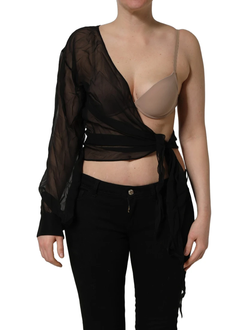 Black Wrap Sheer Chiffon One Shoulder Top