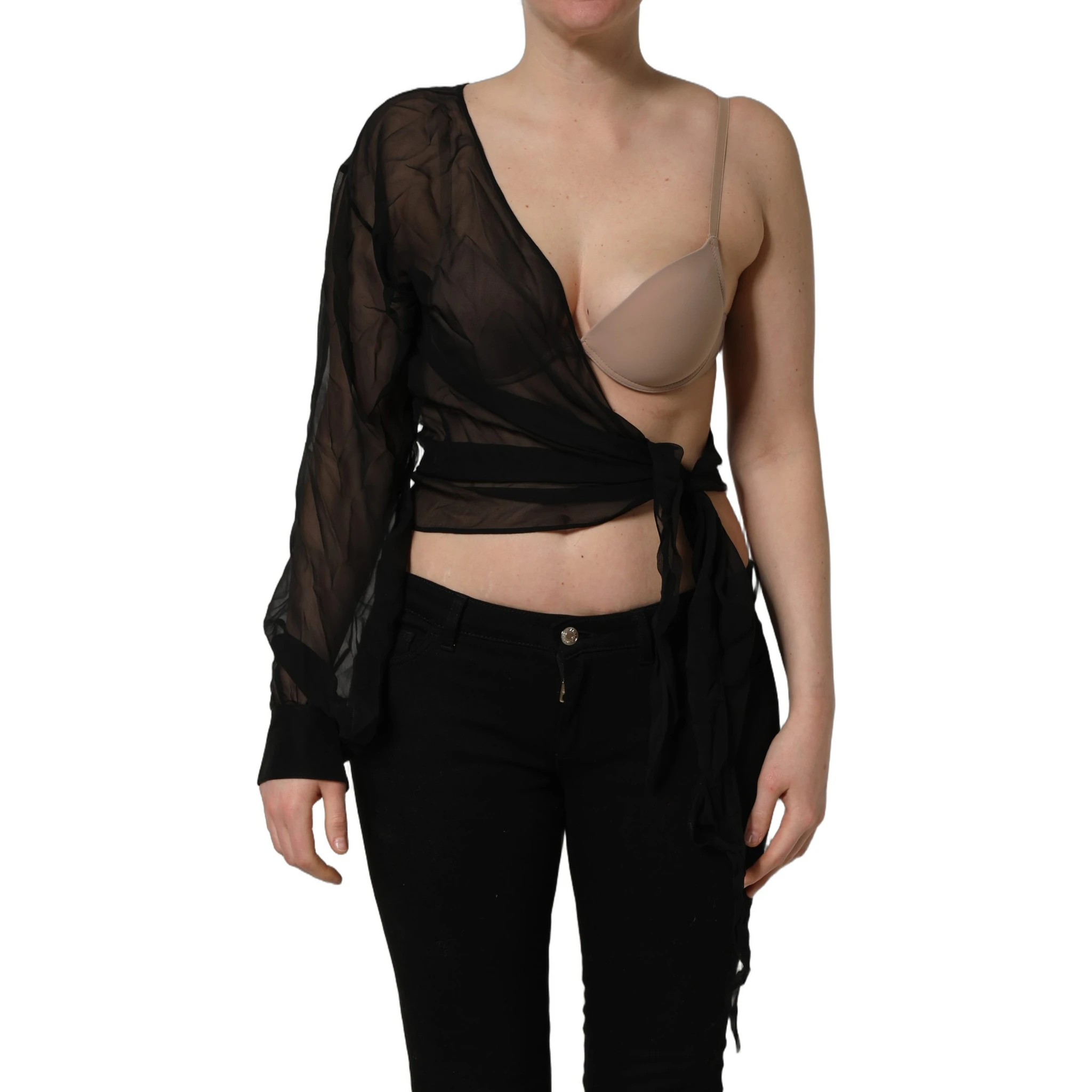 Black Wrap Sheer Chiffon One Shoulder Top