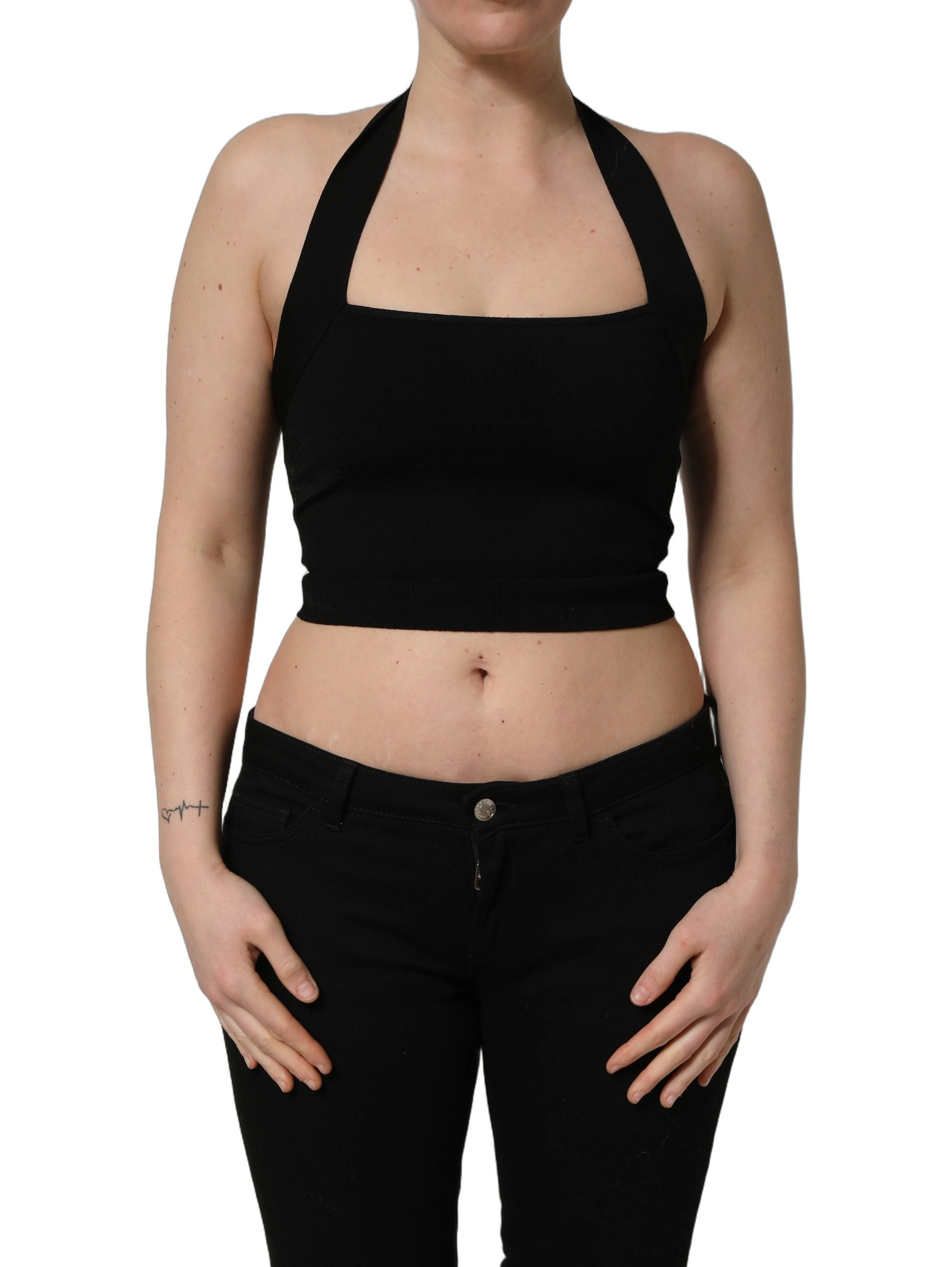 Black Square Neck Halter Cropped Tank Top