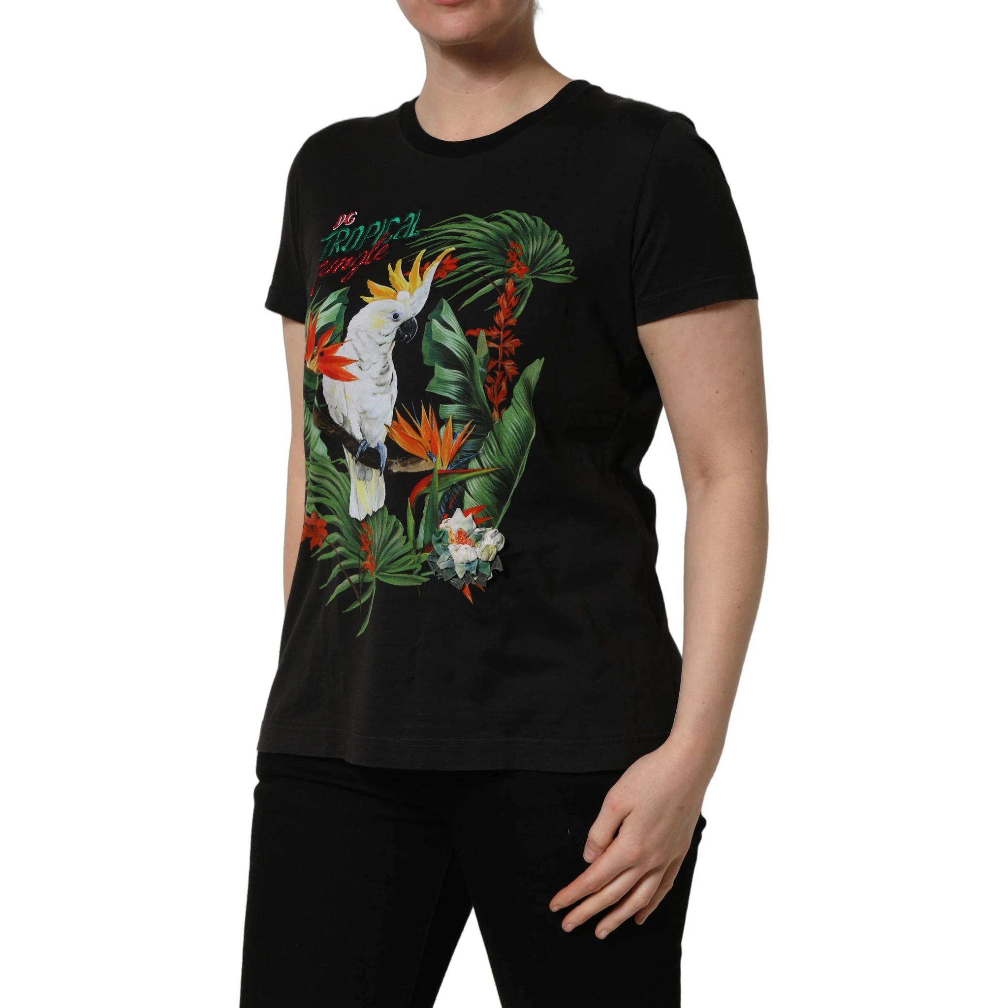 Black Tropical Jungle Round Neck T-shirt